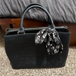 Betsey Johnson Black Skull Satchel with Scarf